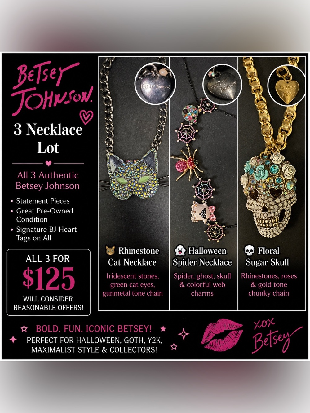 Betsey Johnson 3 Necklace Lot Cat Spider Halloween Sugar Skull Rhinestone